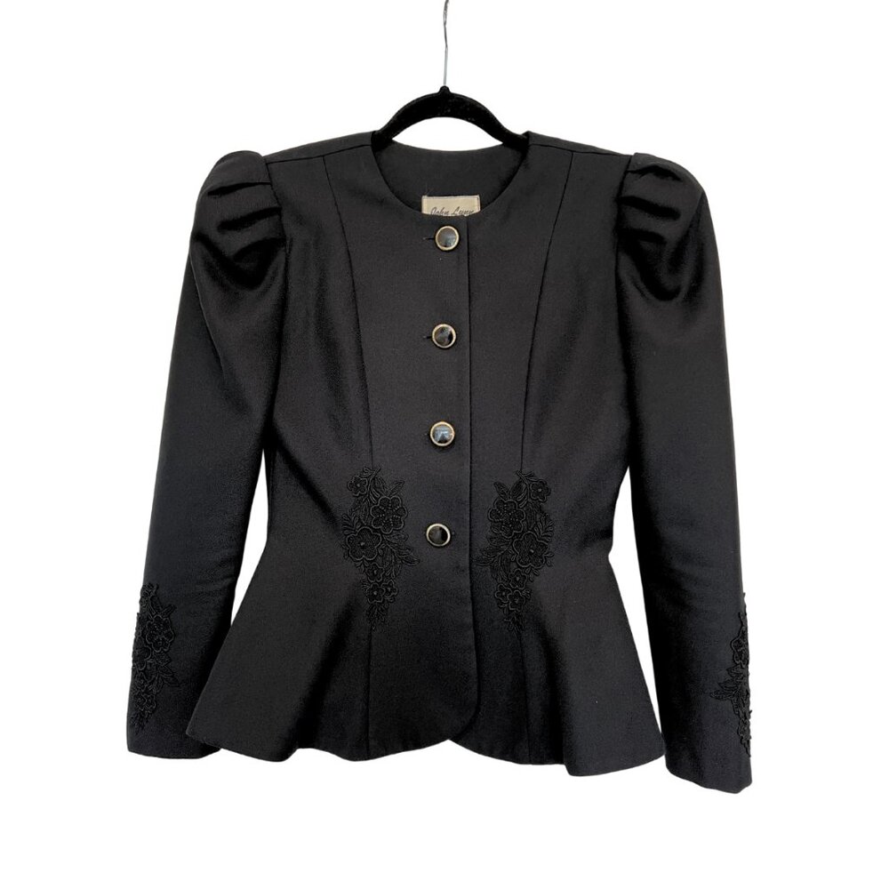 Vintage John Lynn Texas Black Peplum Blazer – Puff Sleeves, Embroidery, Bow Back